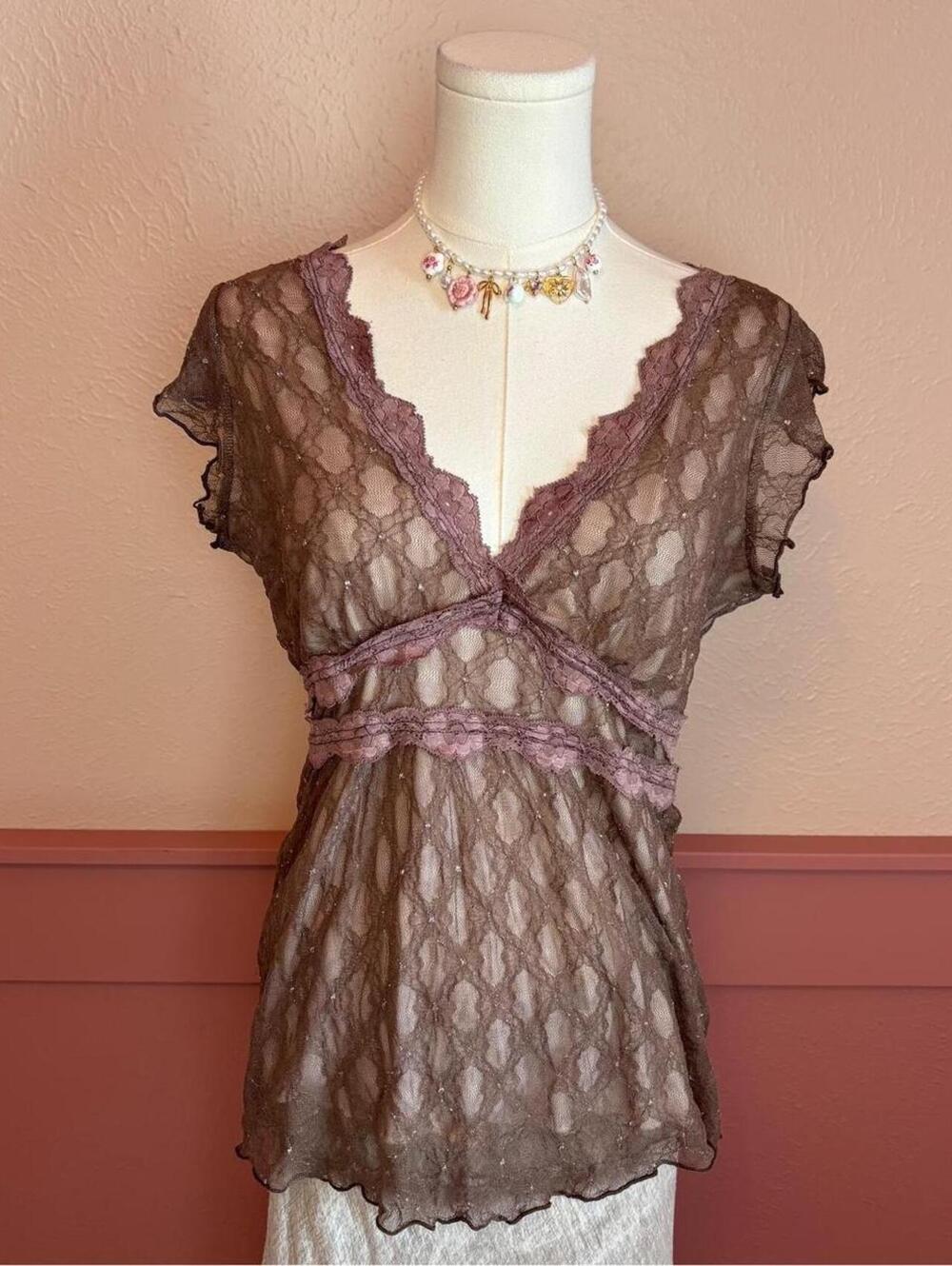 lacey brown babydoll ruffle top 6 degrees fairy cottage grunge boho